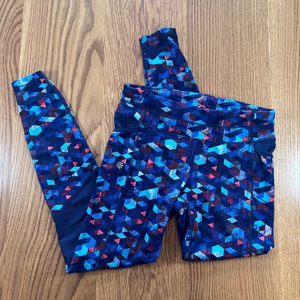 ATHLETA Women's‎ Small Be Free Geometric Triangle Leggings Pockets Blue Mesh A5